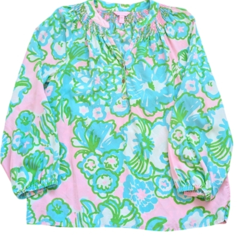 Lilly Pulitzer Silk Green Floral Pink Top Medium - Picture 9 of 9